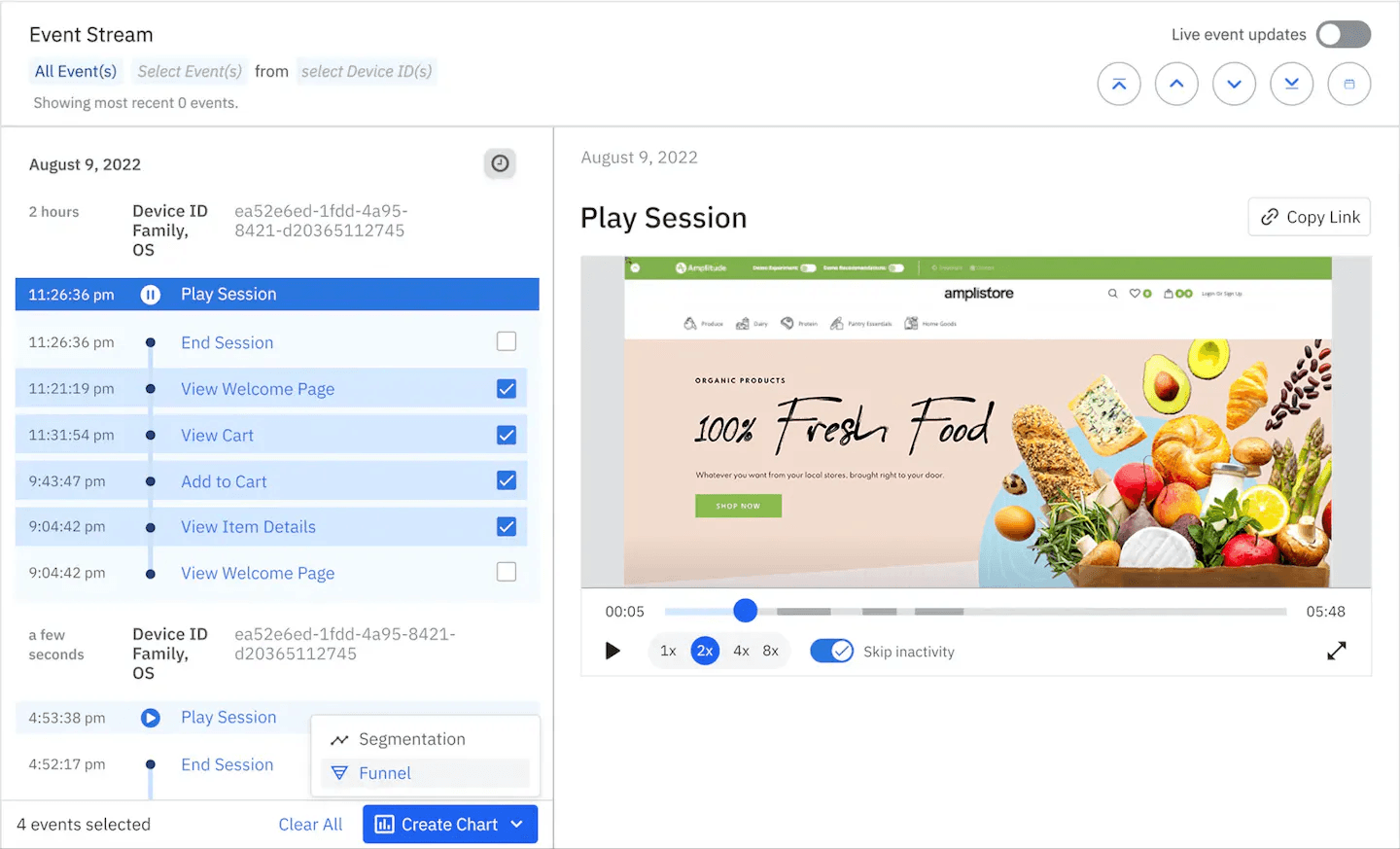 An example event stream in Session Replay