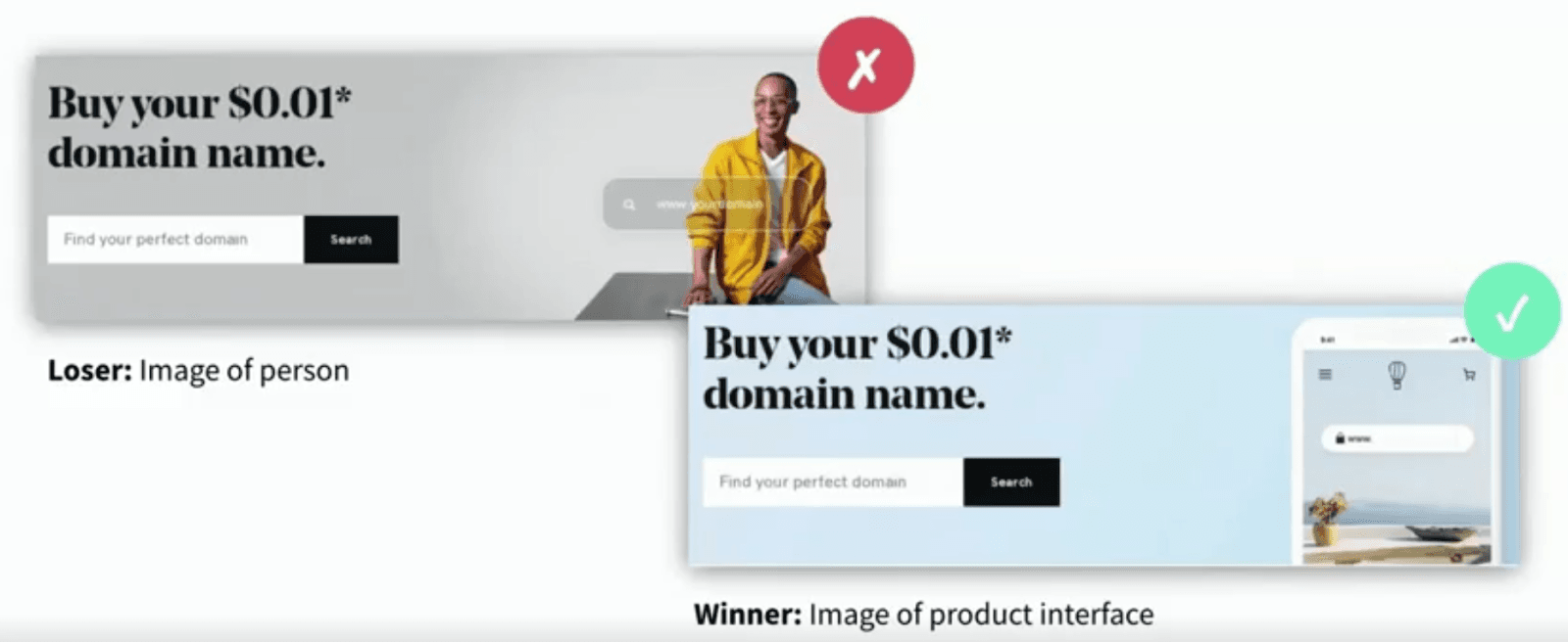 GoDaddy swaps out a photo of a person for an image of its product interface.