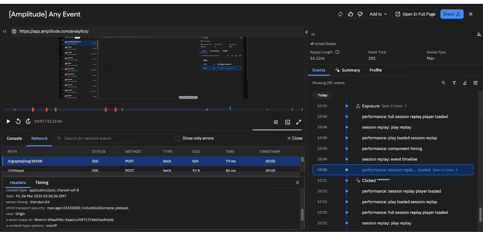 Session Replay MegaModal layout controls + DevTools-style Network tab
