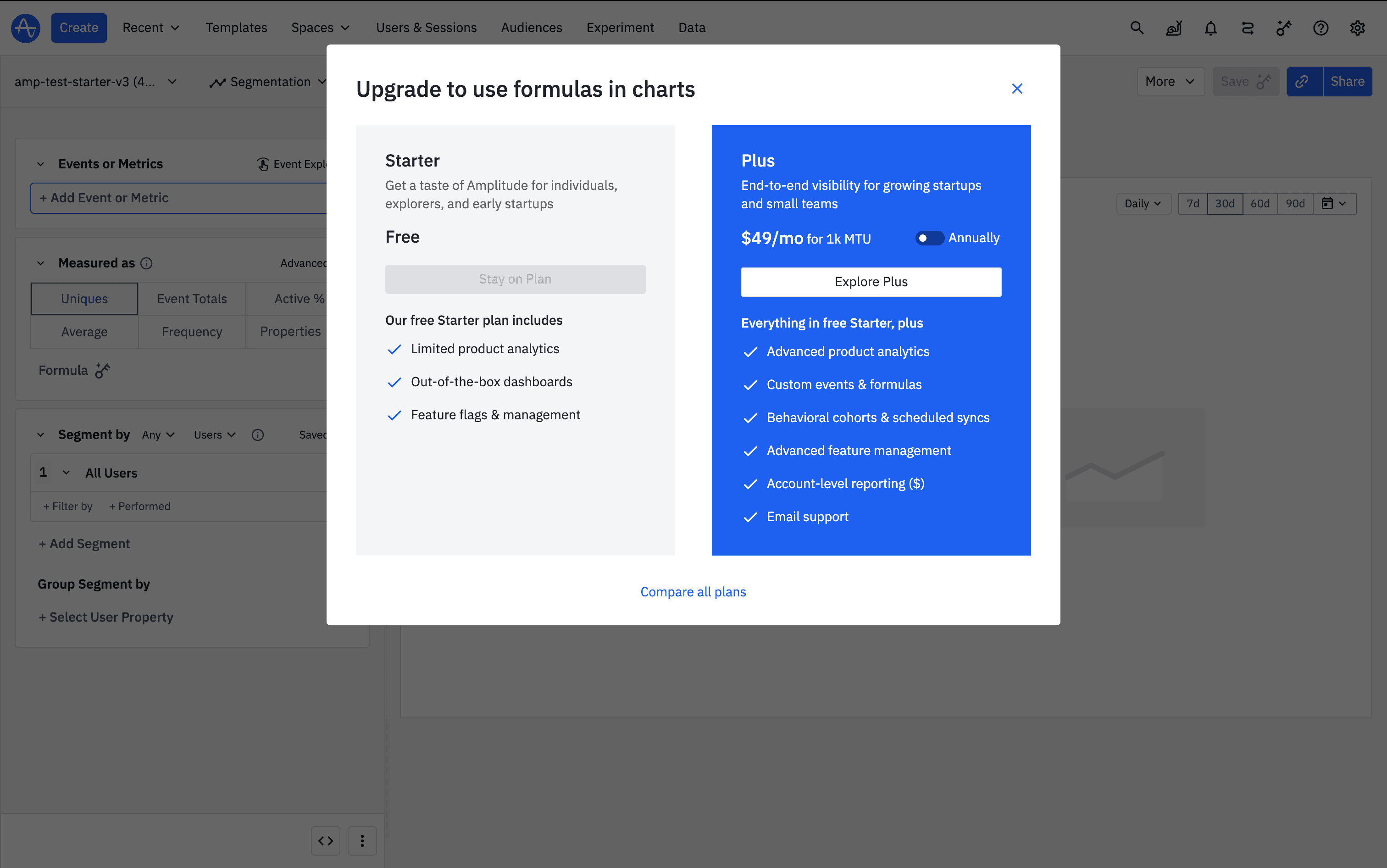 This visual represents the in-product pricing modal for users on the Starter plan.