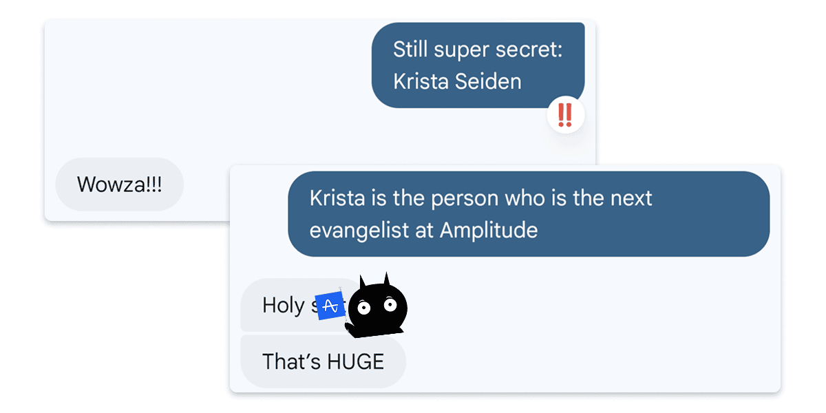 Two dm's from Jim Kultgen showing industry excitement over Krista Seiden joining Amplitude