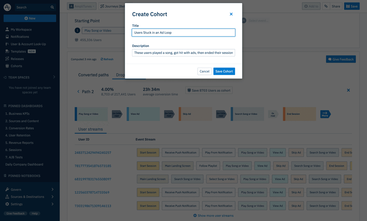 Creating a cohort based on user journeys