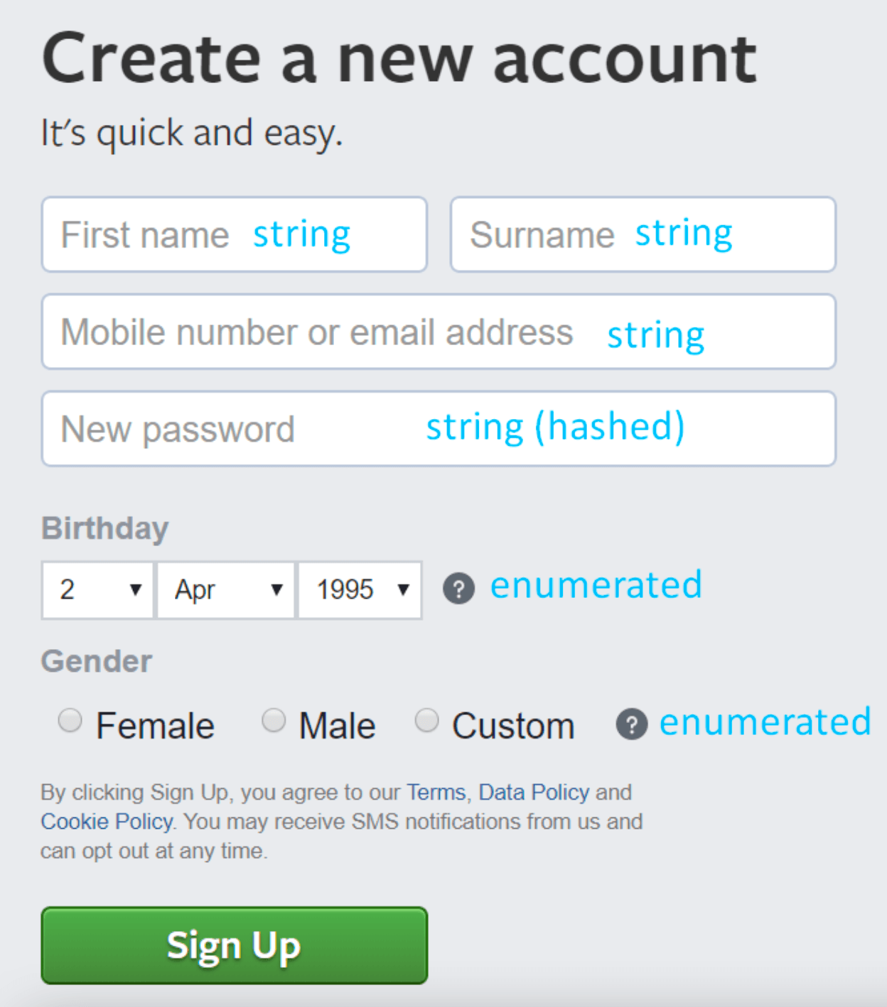 Data types sign up form