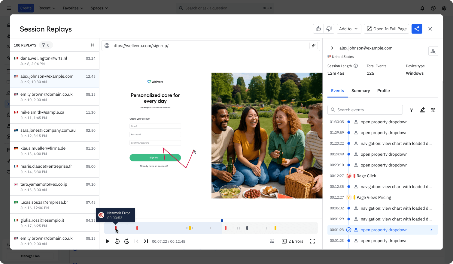 Error analytics spots when a user encounters an error in a Session Replay