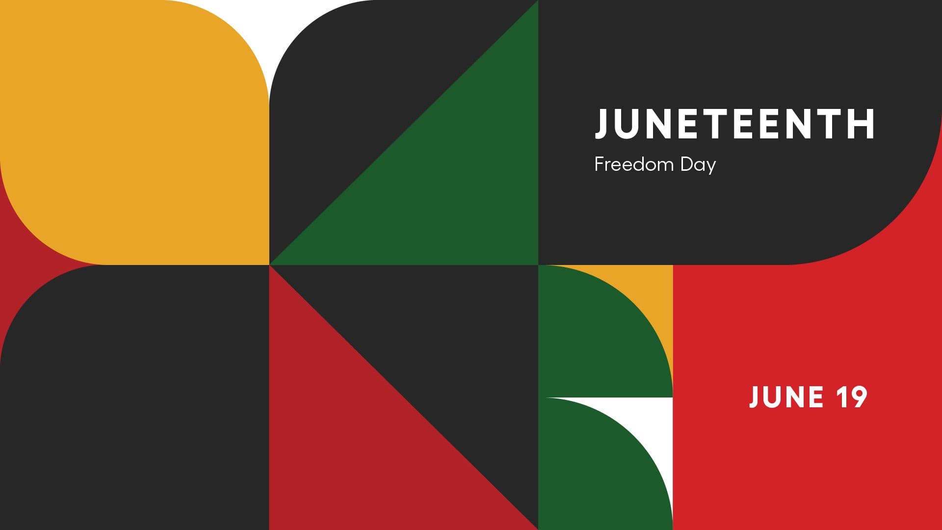 The words Juneteenth, Freedom Day, and June 19 over a pan-African colored mosaic