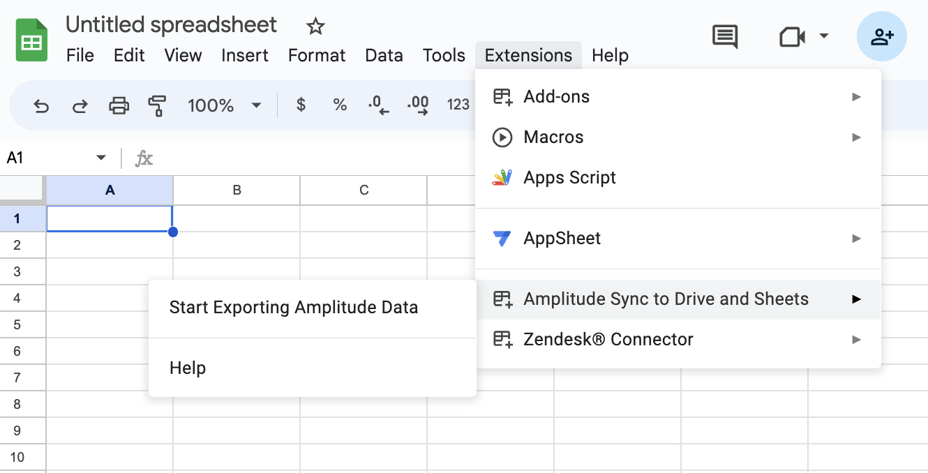 Google Sheets Extensions menu starting Amplitude export to Sheets