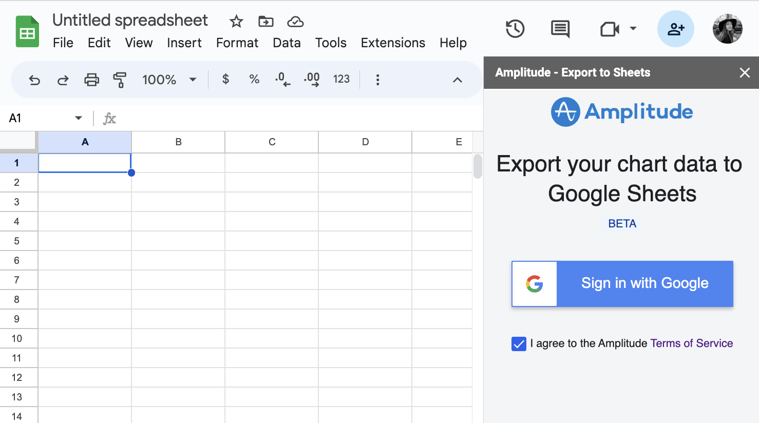 Amplitude export modal Sign in with Google