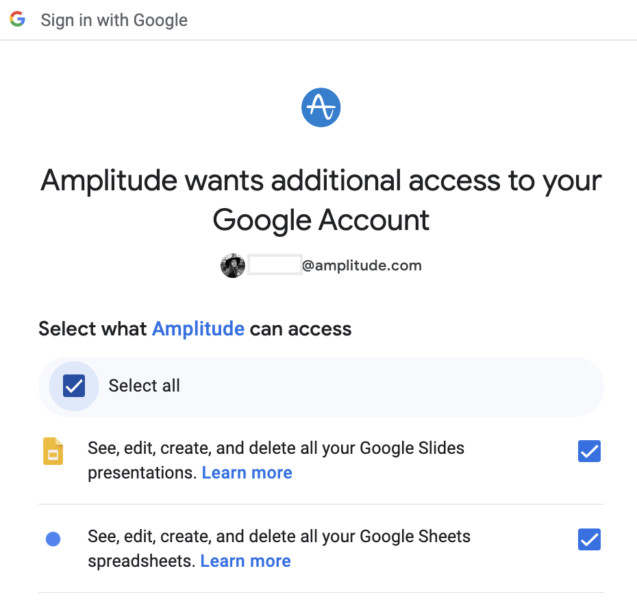 Google account access consent for Amplitude Sheets extension
