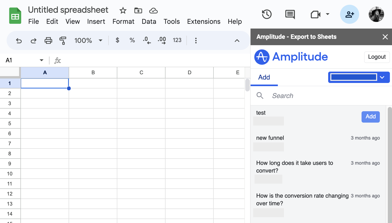 Choose organization and add charts to export to the spreadsheet