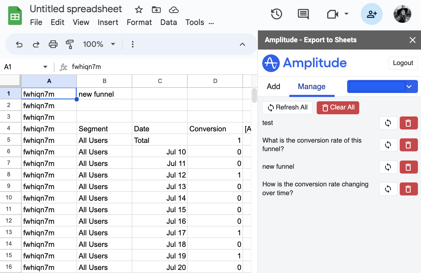 Manage exported charts refresh and delete controls in Sheets