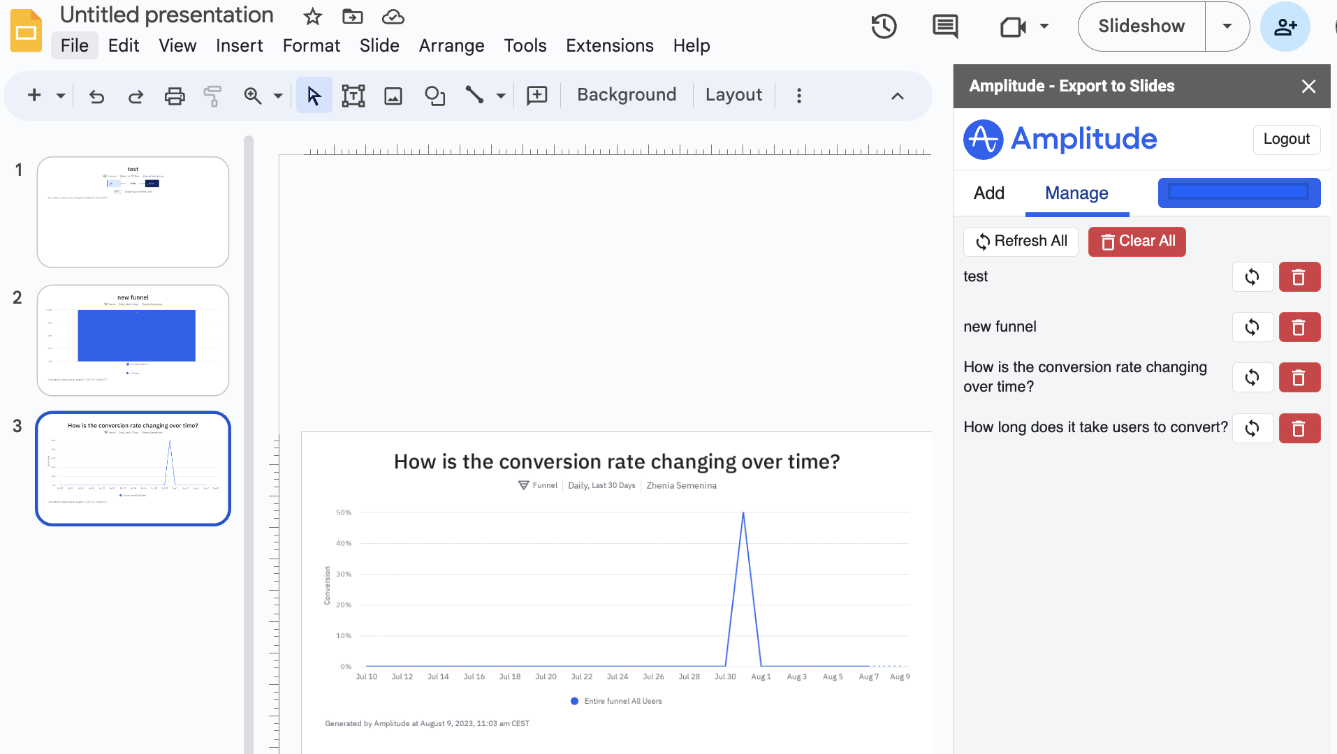 Manage exported charts in Google Slides with refresh and delete