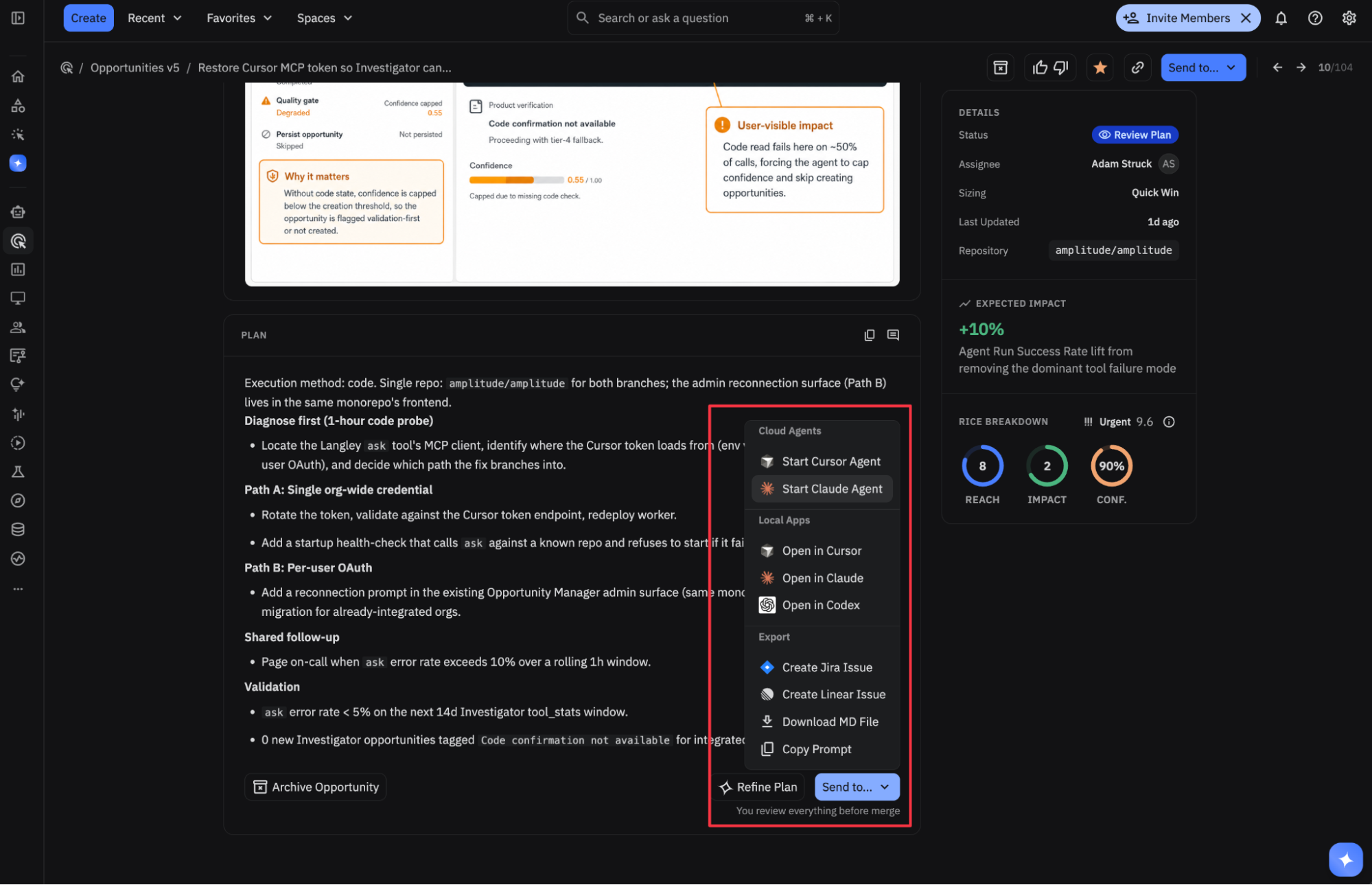 Send to menu on an Opportunity, with options for cloud agents, local apps, and exports
