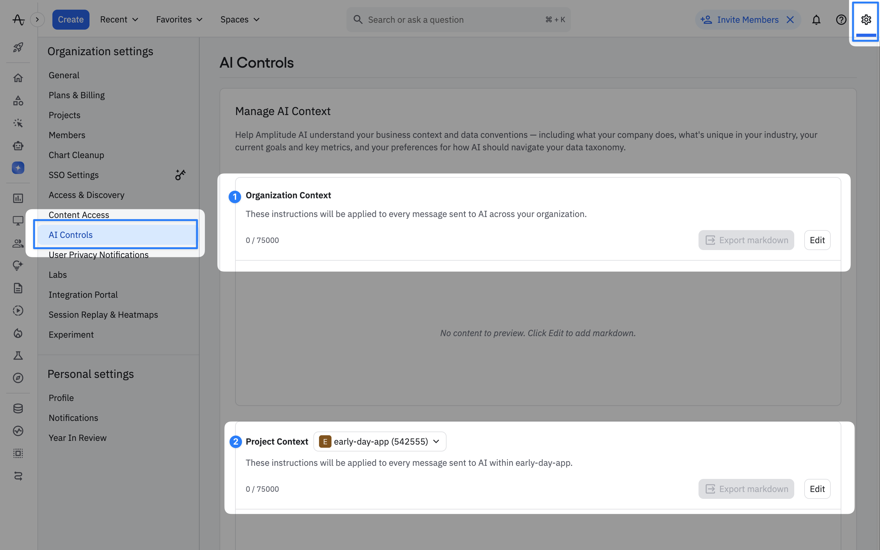AI Controls settings page in Amplitude organization settings