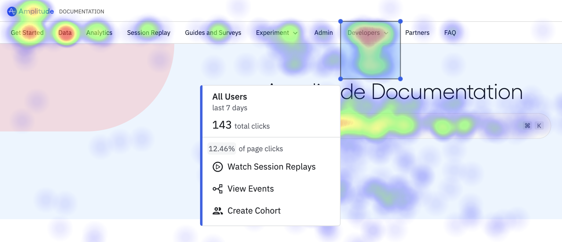 A view of the Amplitude documentation with orange and green areas where customers ahve clicked on the most. Red denotes areas of heavy traffic. The image displays information about each high-traffic area including total clicks for all users over the last seven (7) days. users can click a heatmap area for information.